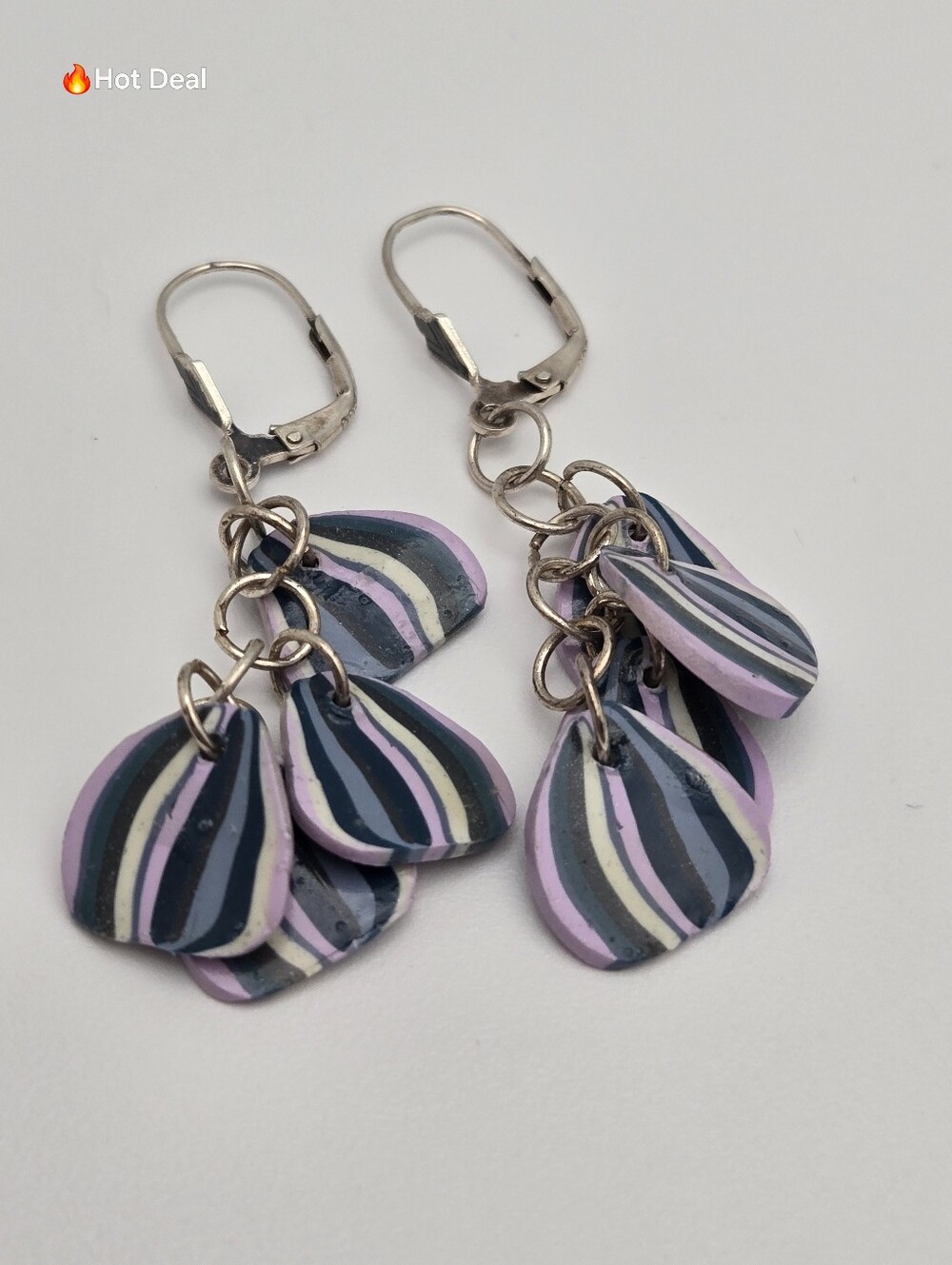 Handmade Polymer Clay Striped Dangle Earrings Purple Black White Abstract 2"